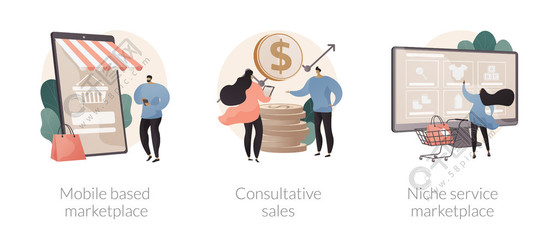 電子商務(wù)應(yīng)用程序抽象概念矢量插圖集。基于移動的市場、咨詢銷售、利基服務(wù)在線零售、使用智能手機抽象隱喻買賣產(chǎn)品。電子商務(wù)應(yīng)用程序抽象概念矢量插圖。